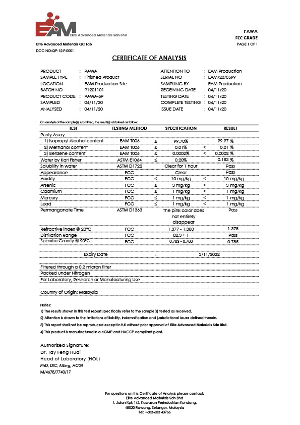 Elite Advanced Materials Example of Certificate of Analysis (COA)